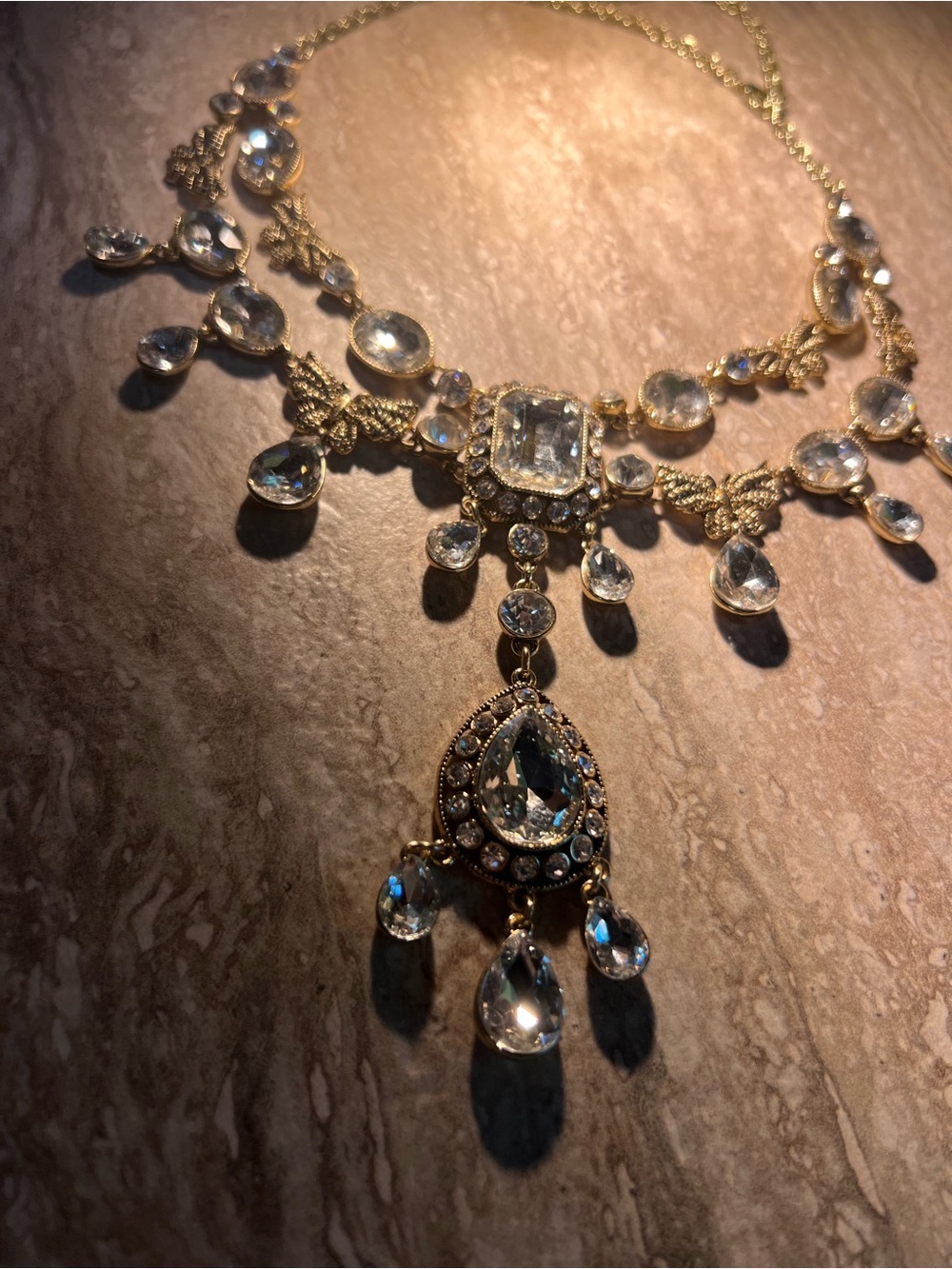 Gold Crystal Teardrop Statement Necklace - by Monet